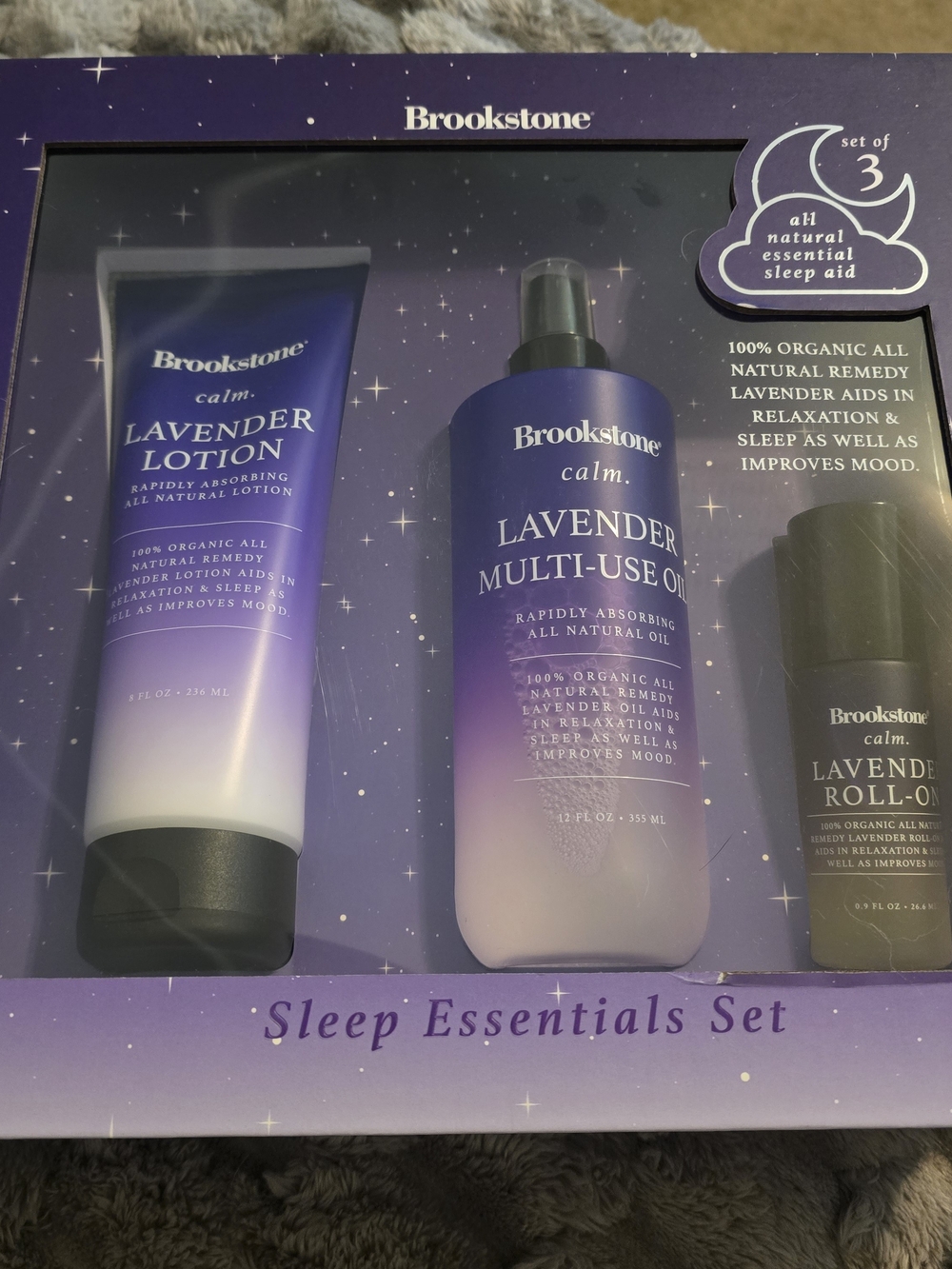 New Unopen Brookstone Lavender Sleep Essentials Set - Purple and White Packaging